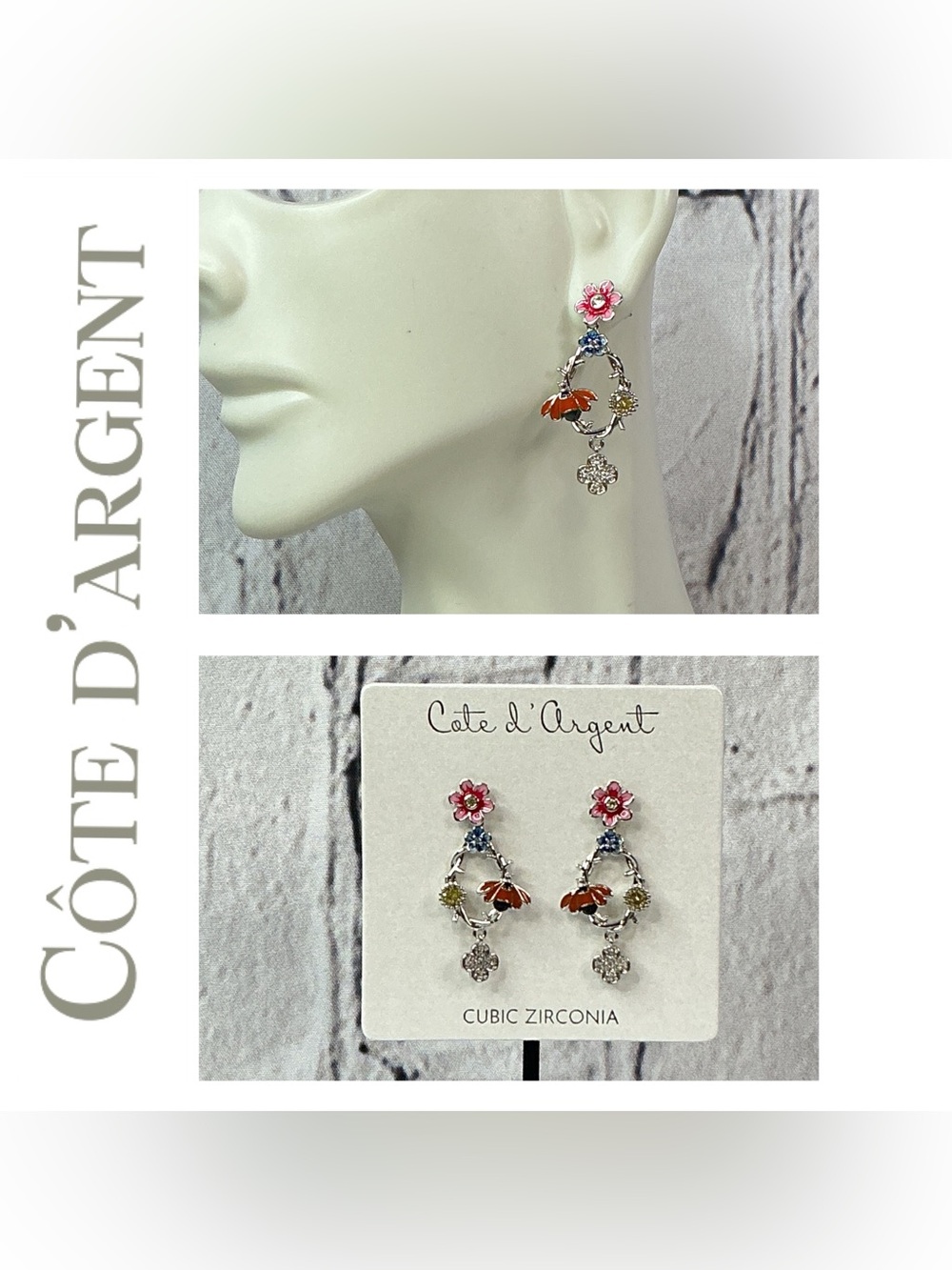 🌟🌟 Cote d’Argent CZ Flower Bee Earrings
